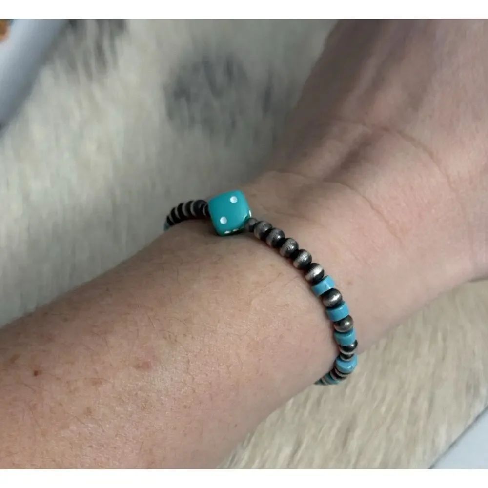 Native American Sterling Silver Navajo Pearl Turquoise Stretch Bracelet Dice